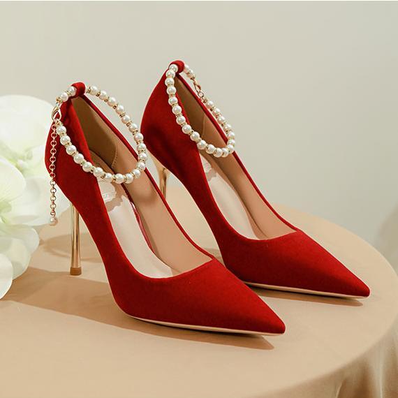 敬酒服秀禾鞋子紅色絲絨搭配珍珠腳鏈（可拆）經典高跟婚鞋
