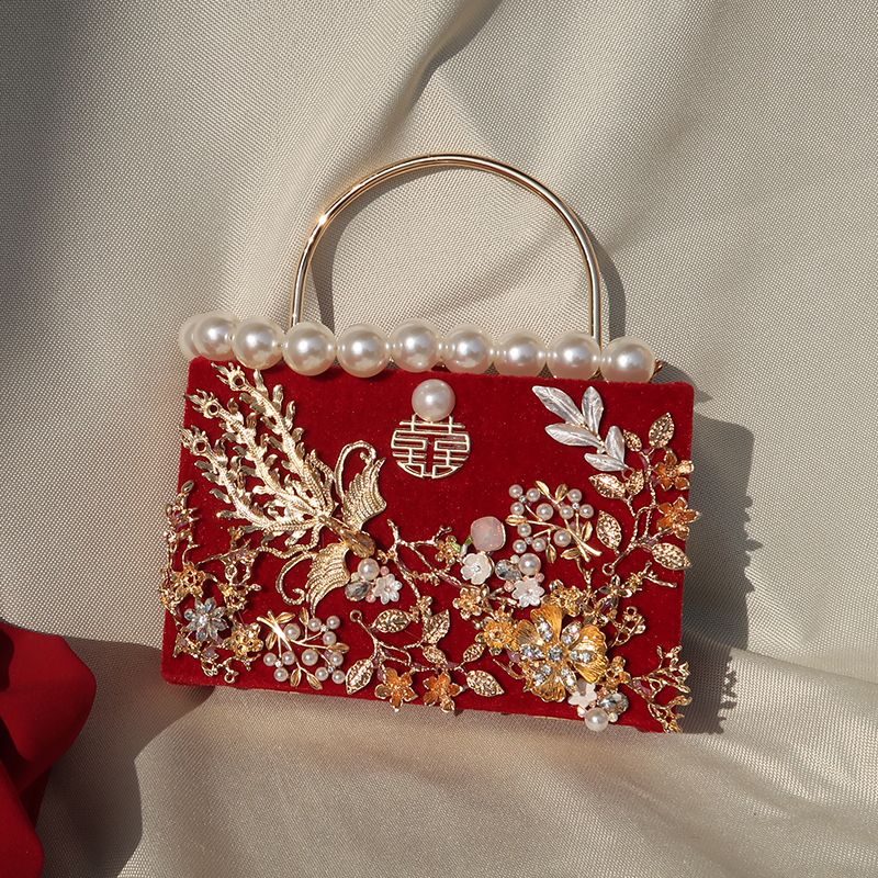 新款纯手工设计感复古红色丝绒口金婚包出嫁结婚礼金手提包