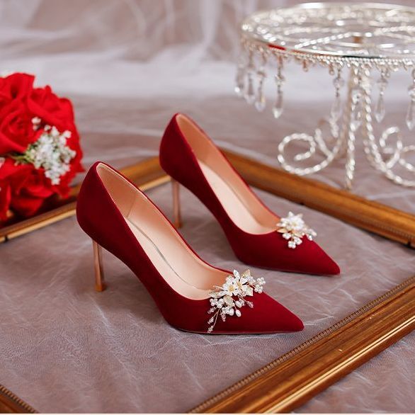 婚鞋女新娘鞋不累脚结婚鞋禾秀婚纱两穿红色高跟鞋小众高级感
