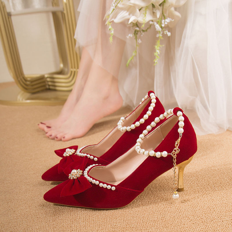 秀禾服新娘结婚鞋新款不累脚粗跟高跟鞋婚纱两穿中式孕妇鞋