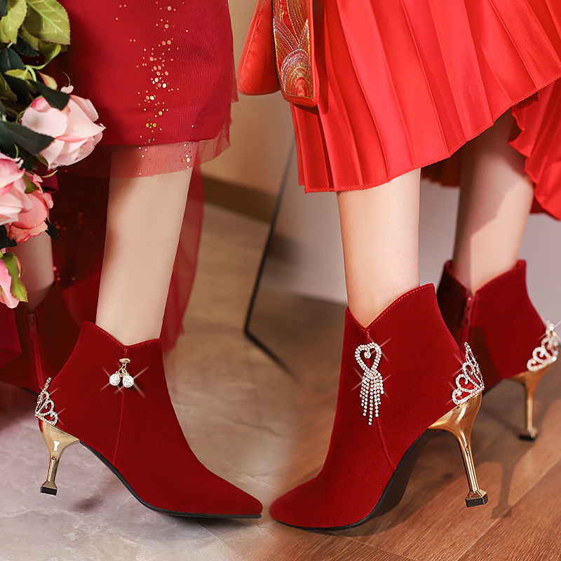 秋冬季婚鞋女新款酒紅色結婚秀禾婚紗兩穿高跟鞋新娘秋冬紅鞋子
