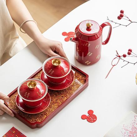 敬茶茶具陶瓷改口杯结婚宫廷风中式婚礼红色三才盖碗新婚伴手礼物