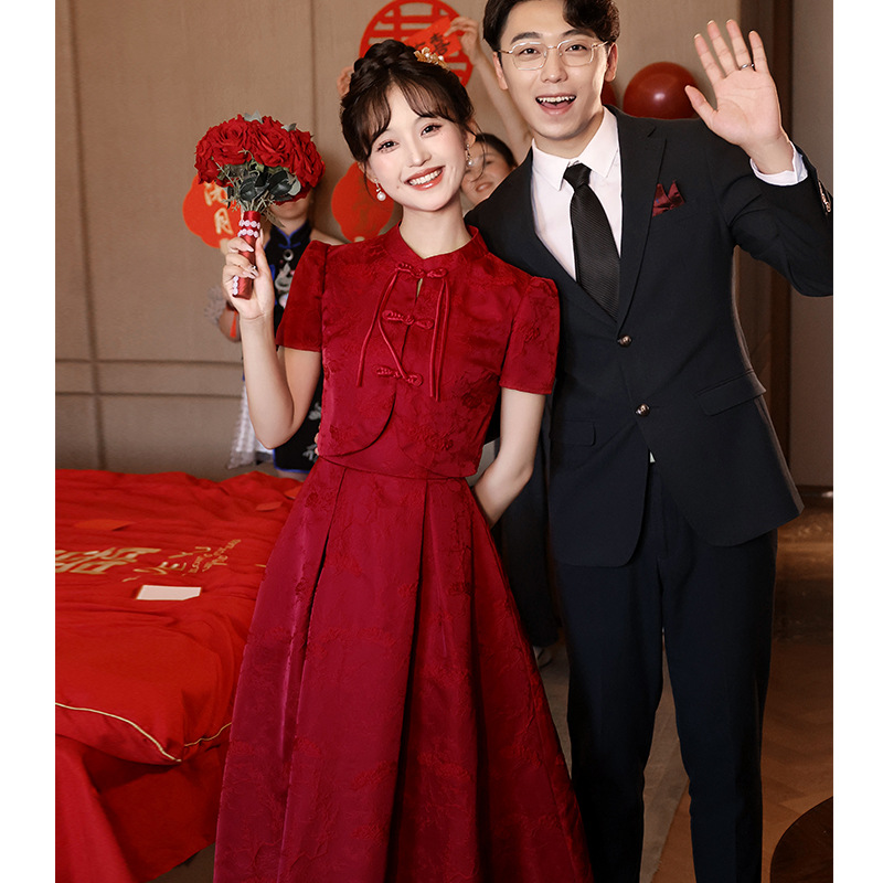 敬酒服新娘旗袍小个子酒红色订婚礼服连衣裙中式改良结婚年轻款女
