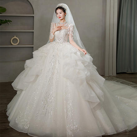婚纱新娘2023新款冬季长袖重工仪式纱蕾丝韩式在逃公主迎宾纱主纱