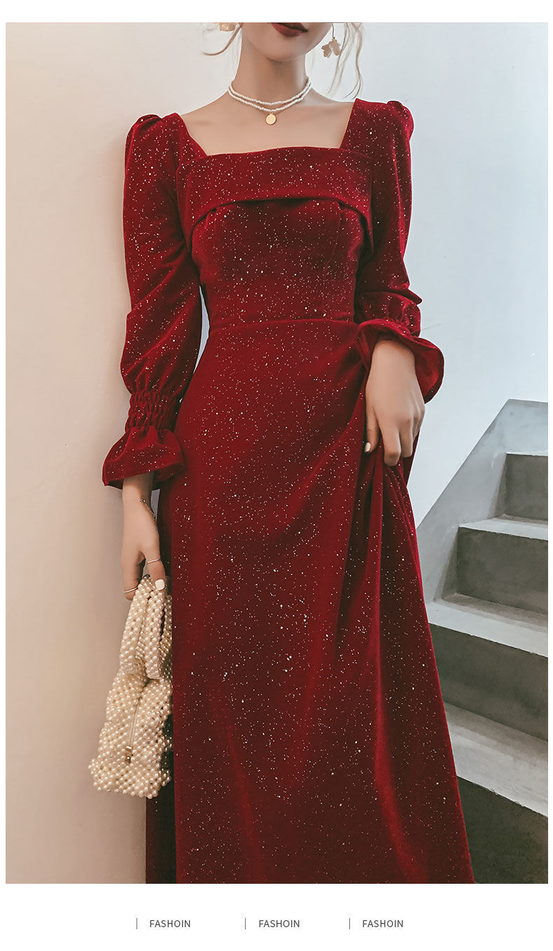 秋冬新款小禮服裙長款優雅氣質方領酒紅色連衣裙收腰顯瘦平時可穿