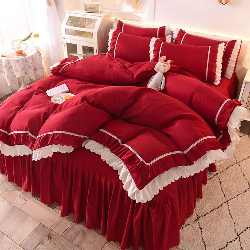 四件套红色韩式公主风床裙水洗棉结婚被套床单被单枕套三件套可爱