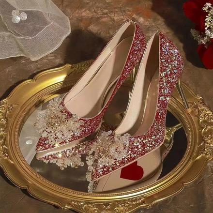 婚鞋女新娘鞋不累腳結婚鞋中式禾秀婚紗兩穿紅色高跟鞋小眾高級感