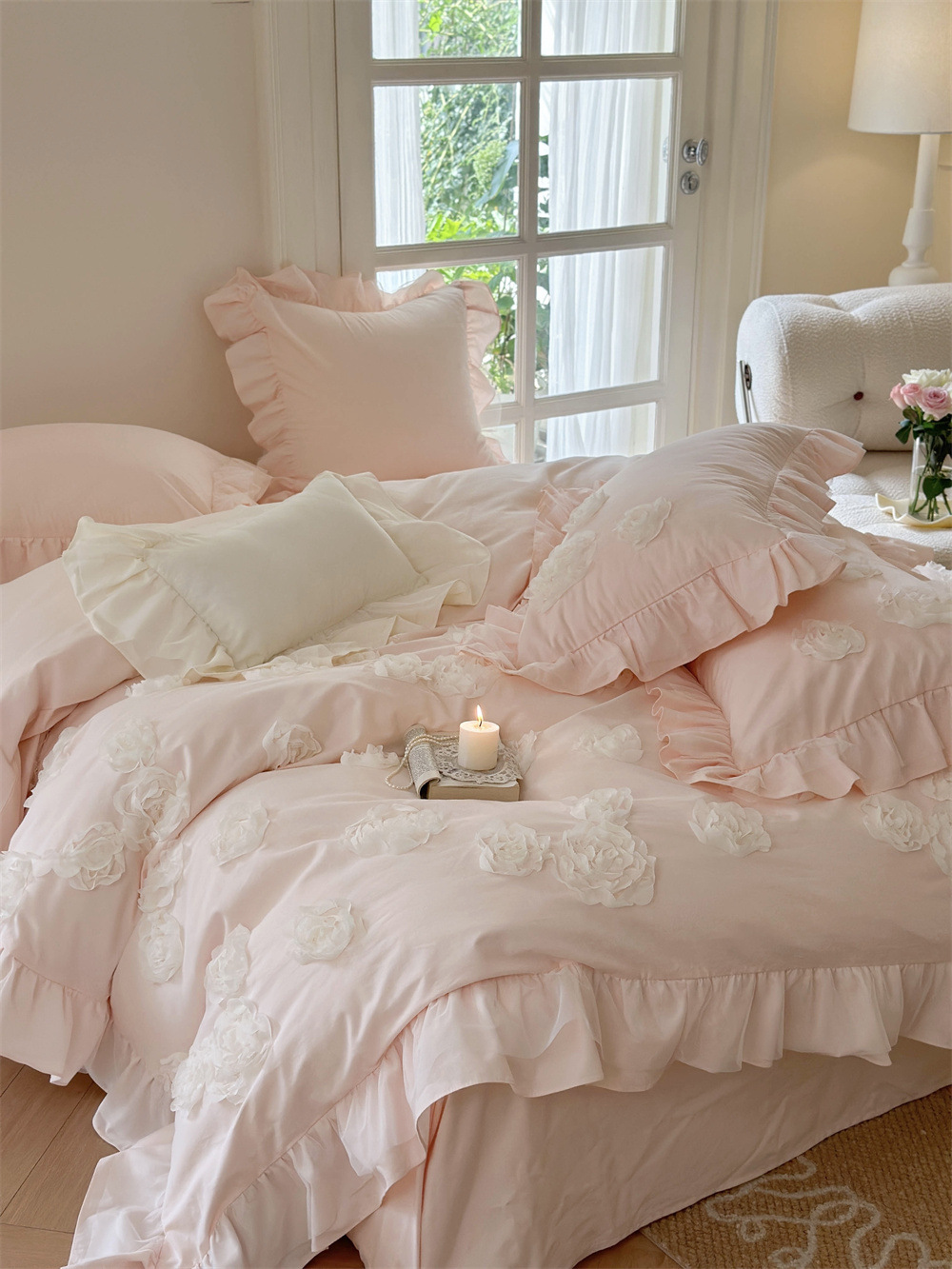 法式浪漫100支磨毛四件套全棉纯棉双层花边被套加厚床单床上用品