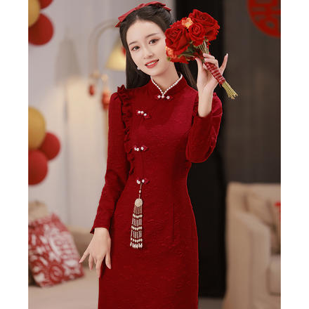 【现货速发】酒红色旗袍敬酒服2023新款回门新娘春季长袖中式订婚礼服