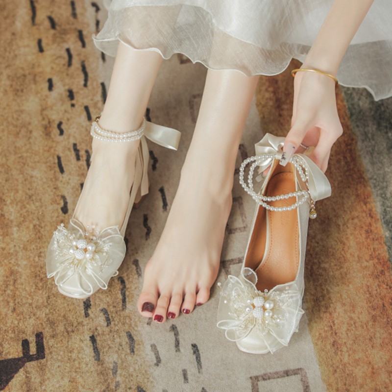方頭高跟鞋2023新款韓版蝴蝶結珍珠中跟單鞋粗跟瑪麗珍鞋