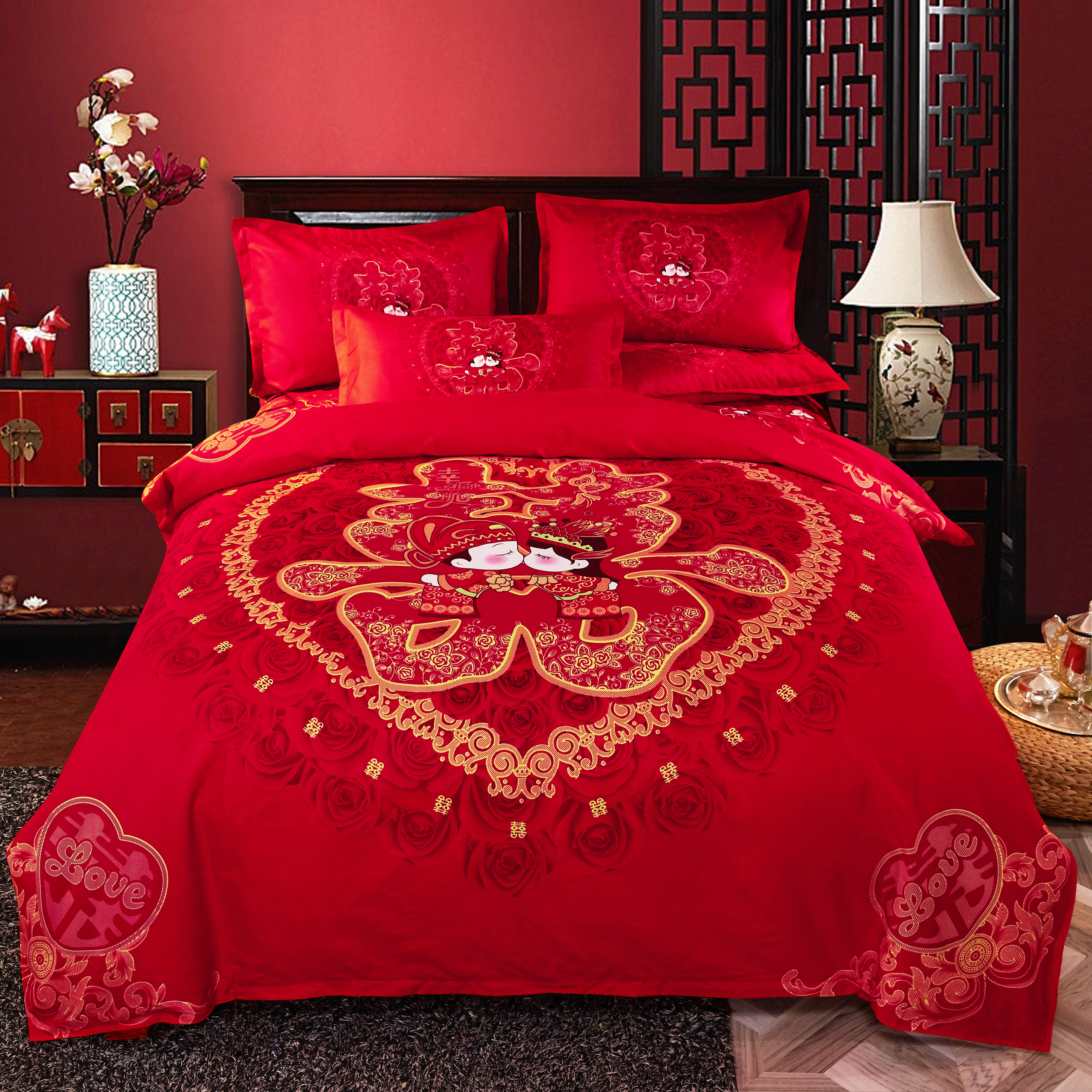 婚庆大红大版印花四件套高端大气新人结婚床上用品床单被套
