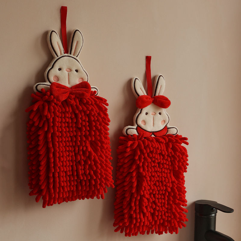 擦手巾掛式可愛兔子吸水紅色結婚洗手間廚房雪尼爾毛巾柔軟可愛