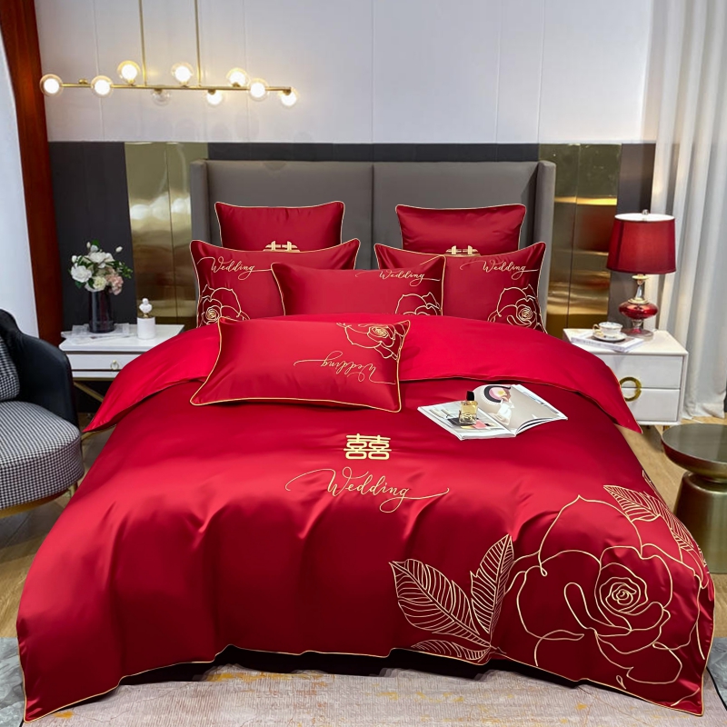 磨毛婚慶四件套大紅色刺繡高端大氣新人結婚床單被套床上用品