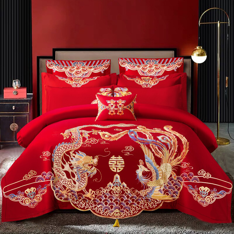 婚慶繡花套件結婚四件套床單被套新人結婚高端大紅色床上用品