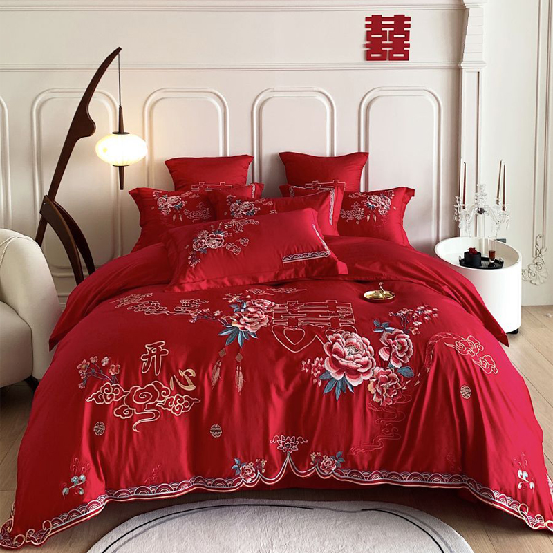 親膚磨毛婚慶四件套大紅高端刺繡床單被套1.5m1.8m2.0m床上用品