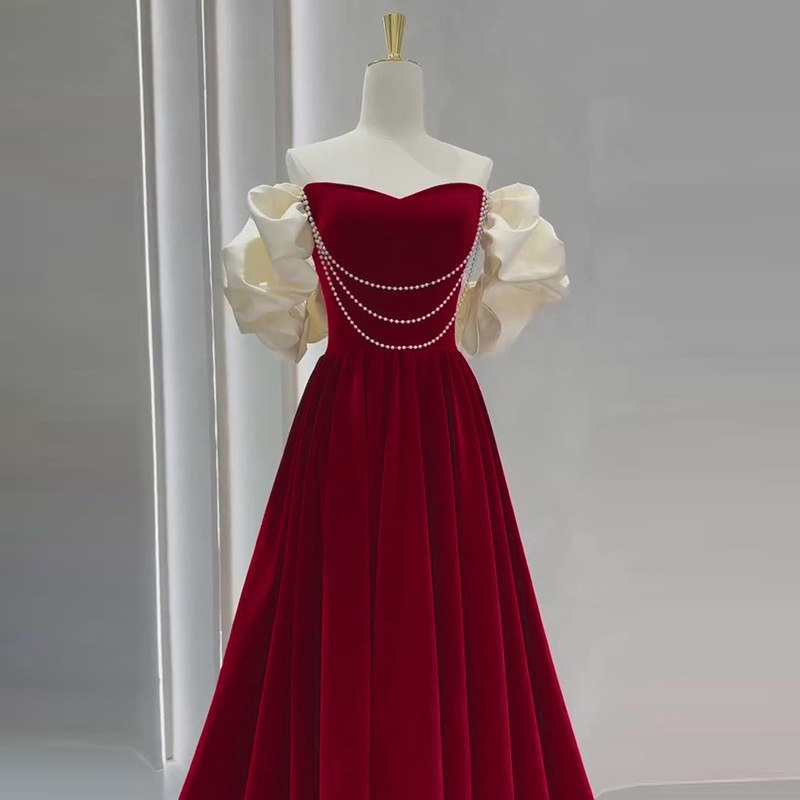絲絨敬酒服新娘冬季紅色禮服平時可穿女小個子結婚訂婚連衣裙法式