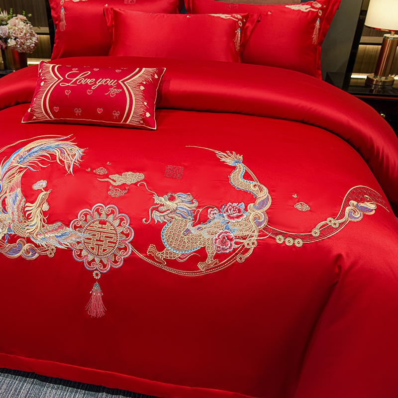 2024新款中式刺繡柔絲緞婚慶四件套高端大氣奢華新人結婚床裙被套大紅色床上用品
