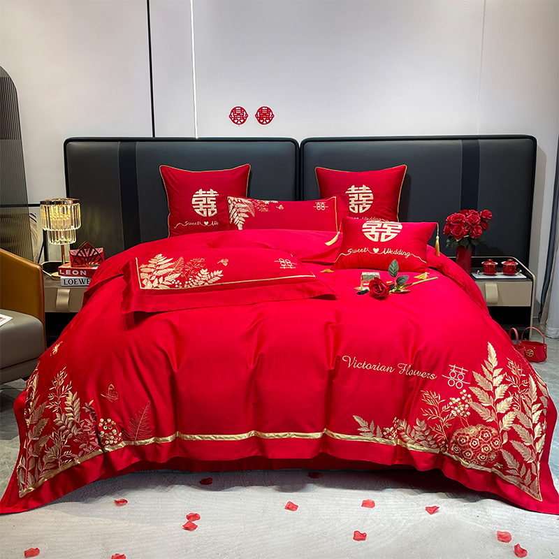 2024新款居家简约100长绒棉婚庆高端大气奢华新人结婚床单被套大红色床上用品