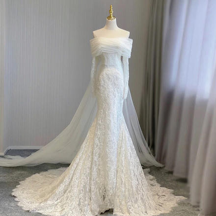 法式輕婚紗主紗魚尾高級感2023新款一字肩出門紗新娘結婚迎賓禮服