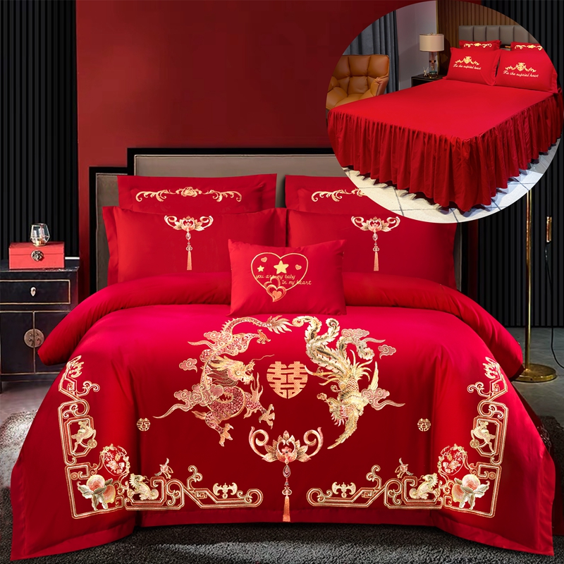 新款婚慶磨毛四件套大紅色刺繡結婚高端大氣奢華新人結婚床裙被套大紅色床上用品