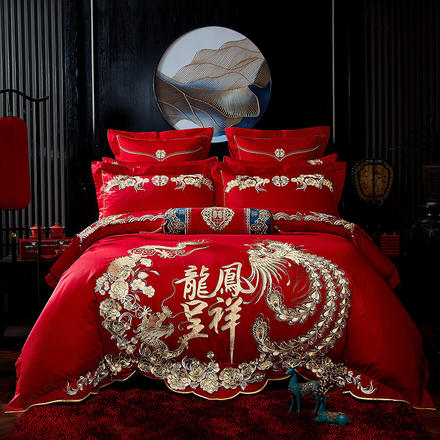 100支纯棉婚庆刺绣四件套高端大气奢华新人结婚床单被套大红色床上用品