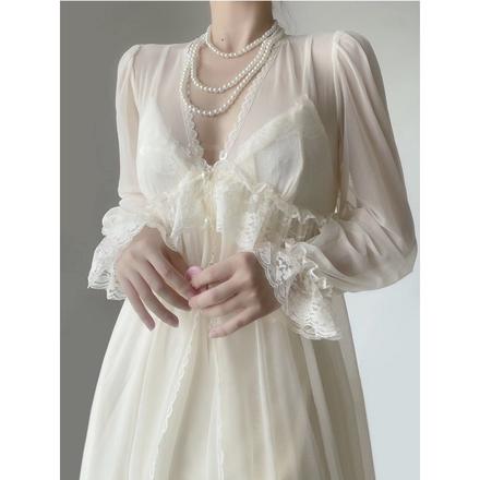 古着晨袍女新娘新款性感蕾丝高级感冰丝网纱纯欲风睡衣两件套