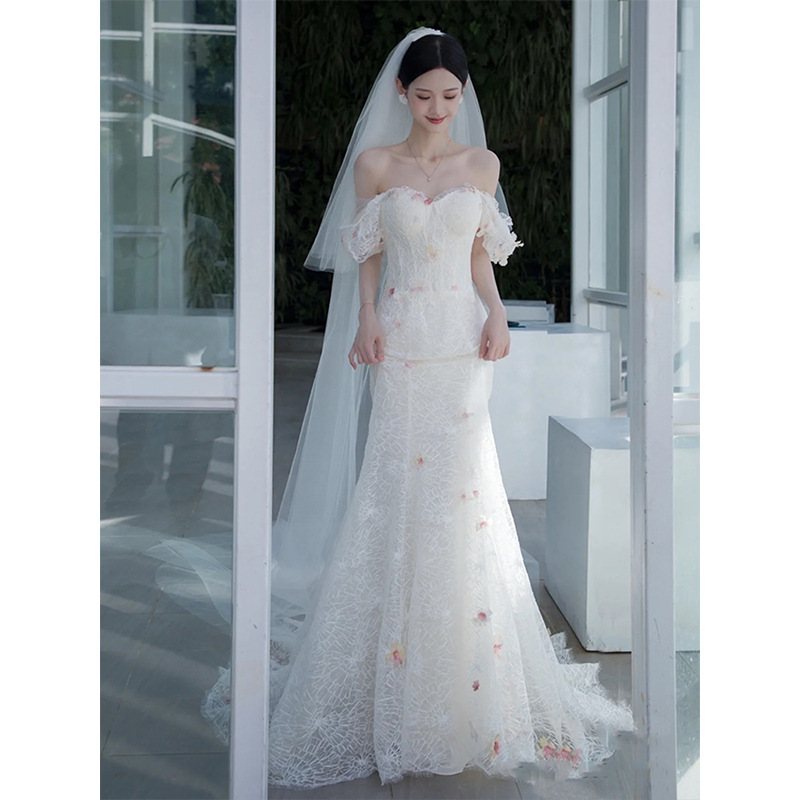  魚尾婚紗2024新款白色方領高級感拖尾結婚訂婚晚禮服禮服裙女