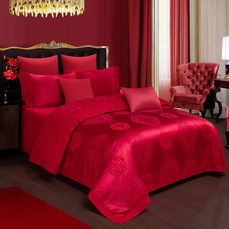 2024新款貢緞提花床蓋繡花四件套高端大氣奢華新人結婚床單被套大紅色床上用品