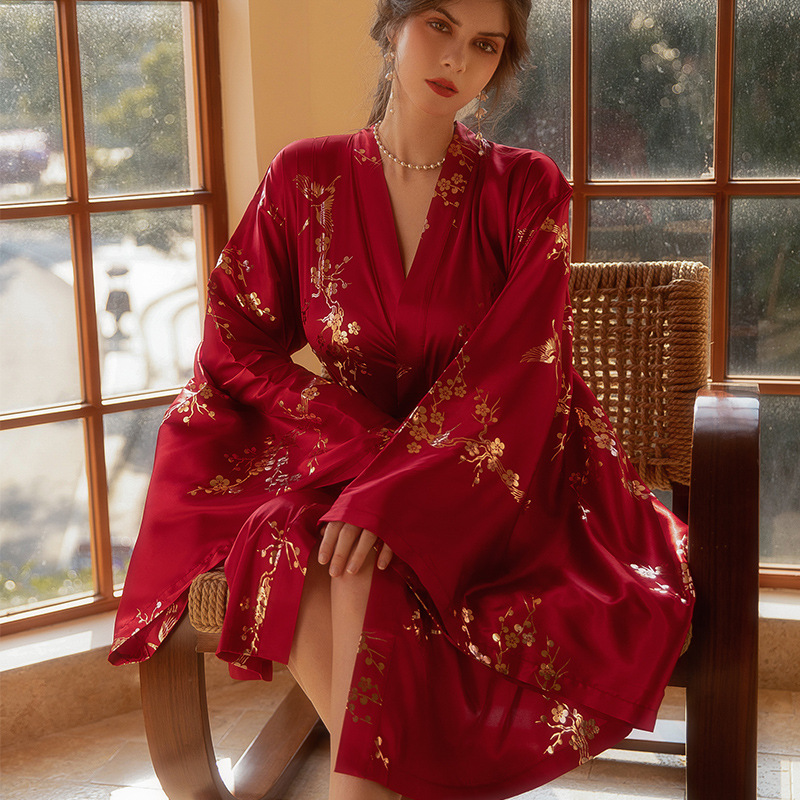 結婚晨袍女新娘伴娘新中式紅色仙鶴高級感長款燙金睡衣浴袍春秋睡袍