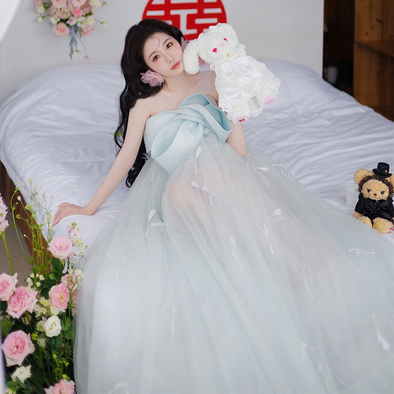 新中式晨袍新娘結婚敬酒服訂婚禮服高端輕奢小眾輕婚紗抹胸連衣裙