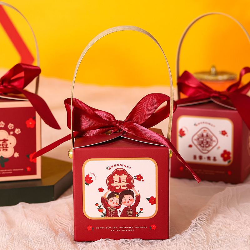 【10份裝】2024款手提式喜糖盒中國風酒紅色桌糖婚禮伴手禮糖果盒包裝盒