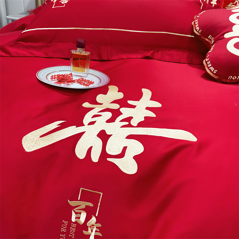 2024春夏新款天絲棉親膚磨毛面料刺繡工藝婚慶四件套多件套 