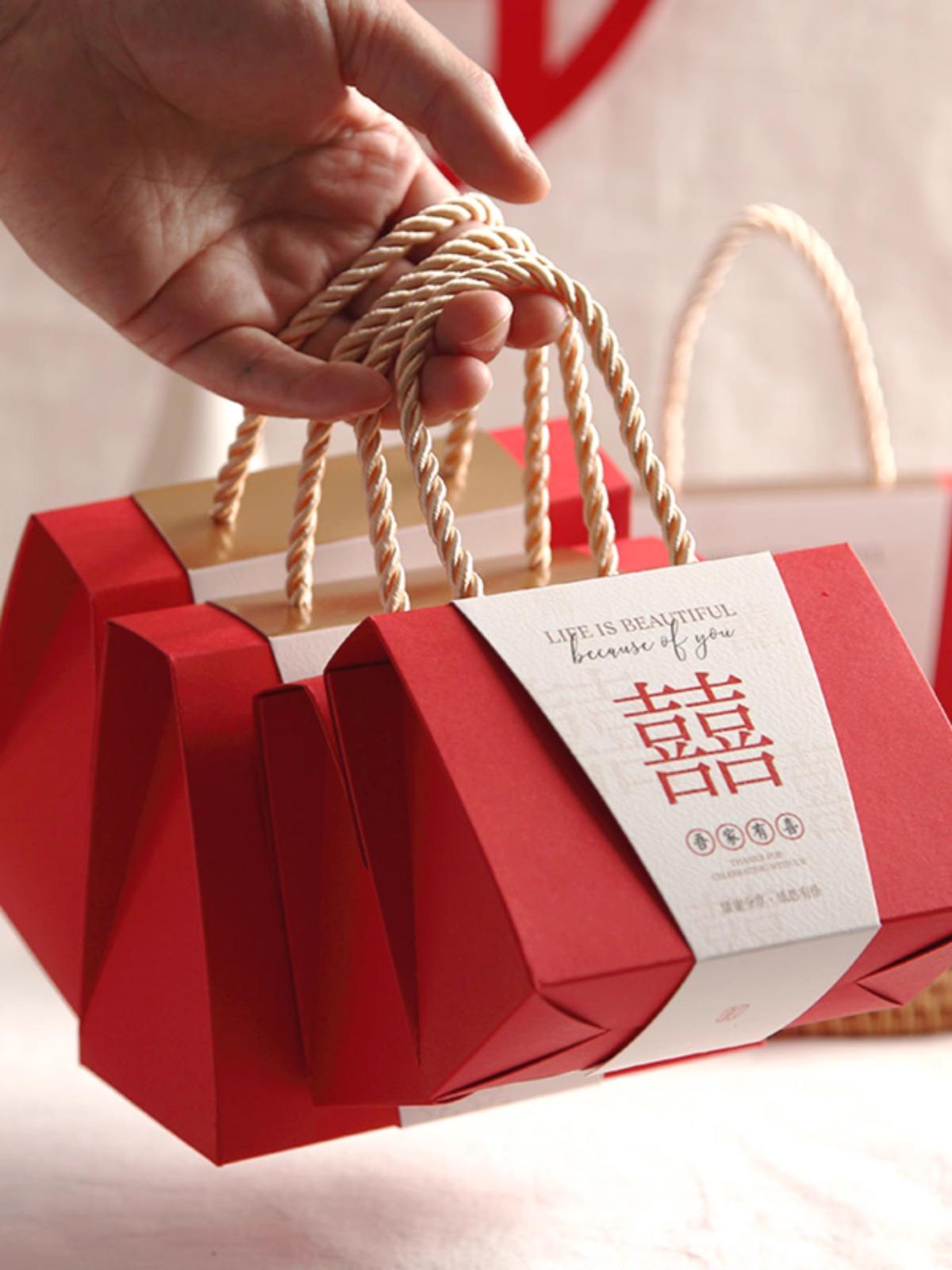 【直播間專享】國風中式高級感結婚喜糖盒清新紅色喬遷答謝喜慶手提糖果空禮盒.