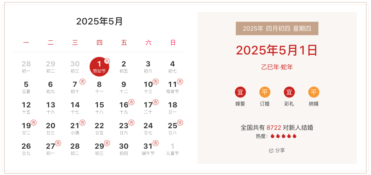 2025年5月1日适合结婚吗