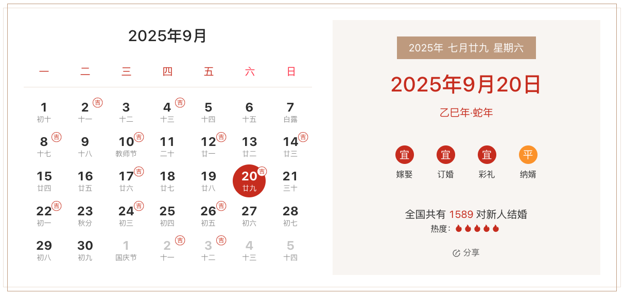 2025年9月20日适合结婚吗